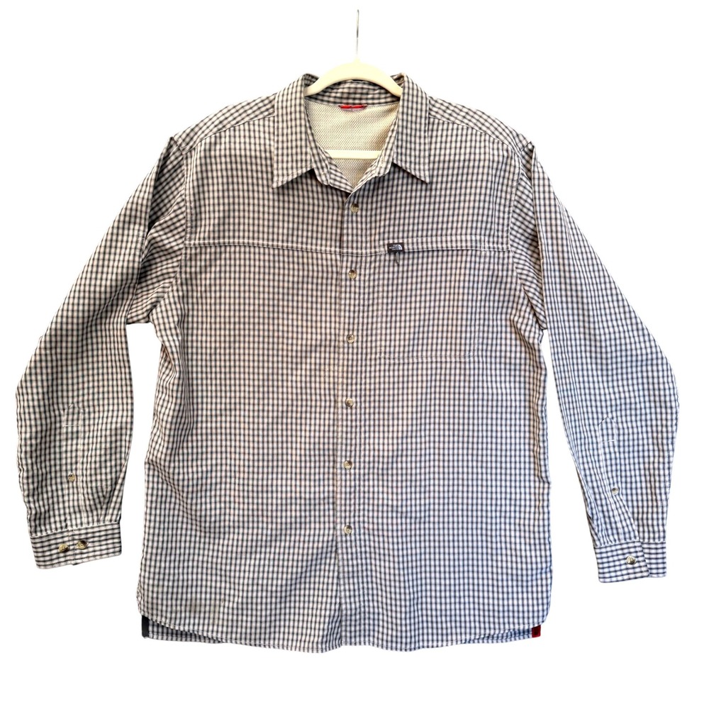 The North Face Shirt Mens XL-xxl Tan Grey Plaid Long Sleeve Hiking Fish LOOK